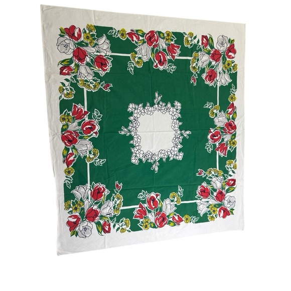GORGEOUS Vintage Mid Century Modern Tulip Floral Antique Tablecloth ~NICE GREEN!